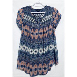 Lucky Brand Peasant Top Womens Small Blue Smocked Neckline Cap Sleeves Boho